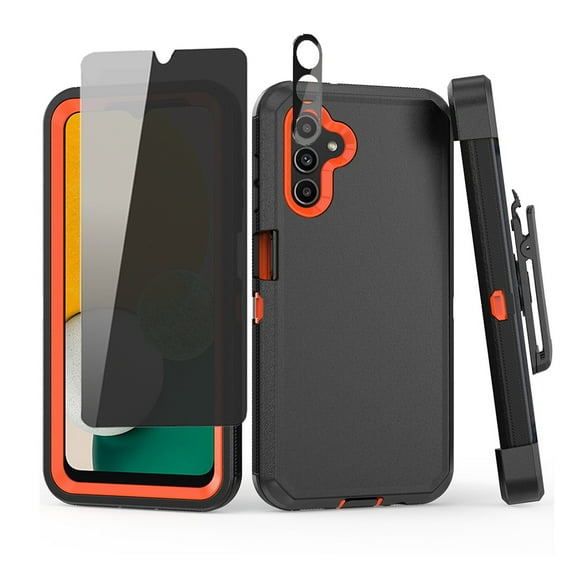 TASHHAR Samsung Galaxy A04S Case/A13 5G Case with Belt Clip Holster+Privacy Screen and Lens Protector Military Grade Heavy Duty 3 in 1 Shockproof Armor for Galaxy A04S/A13 5G Phone - Black+Orange