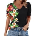 thumbnail image 2 of JTZGDY Puff Sleeve Tops for Women Cute Summer Floral Printed Short Sleeves Graphic T-Shirts Fashion V Neck Trendy Oversized Baggy Tunic Blouses A-Green XL, 2 of 7