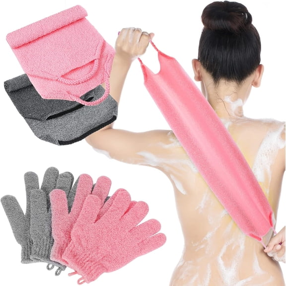 TAETOE Exfoliating Back Scrubber & Bath Gloves Set, 4 Pack Exfoliating Washcloth Towel with Handles & Shower Gloves, Body Scrub Back Cleaner Dead Skin Remover for Women Men, Grey & Pink