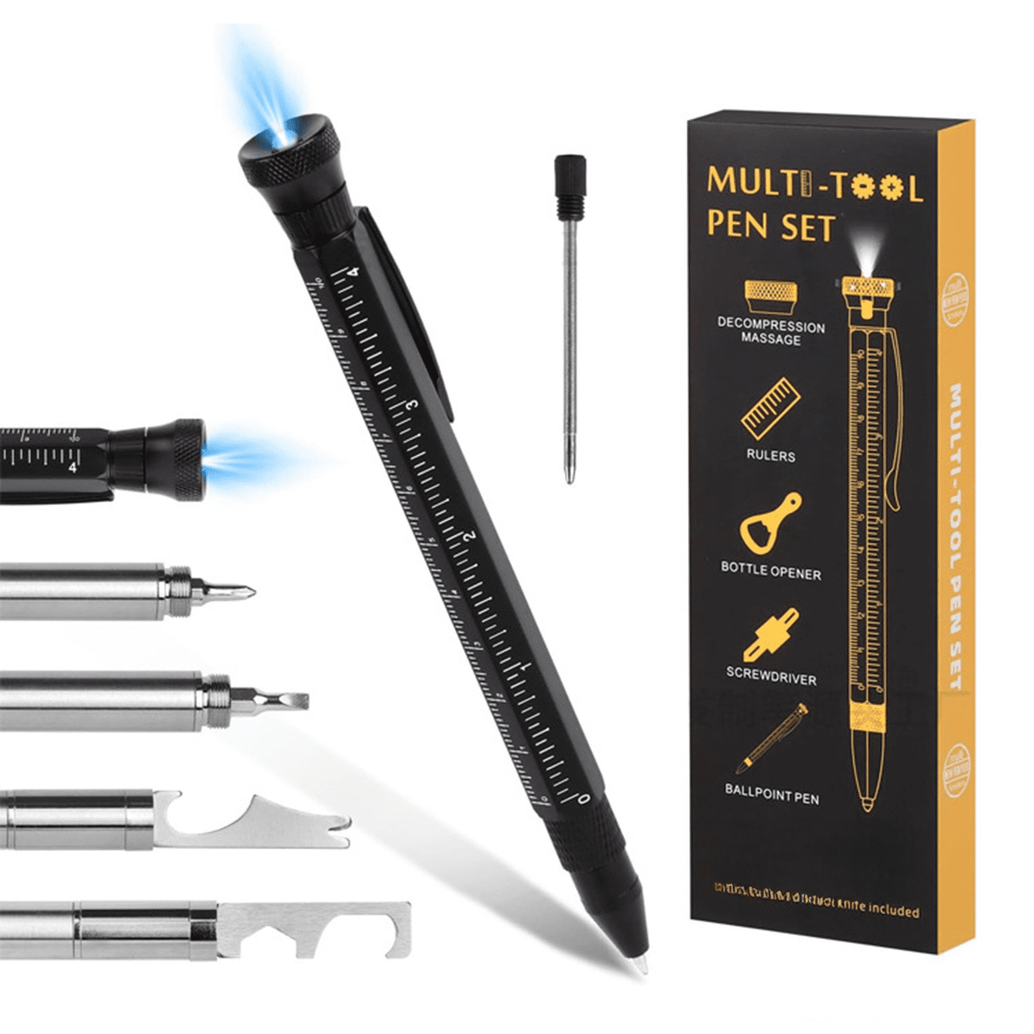 12 in 1 Multifunctional Ballpoint Pen, Metal Multi-Tool Pen with LED Light, Bottle Opener, Screwdriver, Ruler, Portable Pocket Tool Pen Gift for Men Dad Husband Grandpa Birthday Father's Day