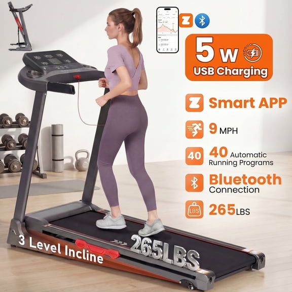 Naipo Treadmill with Incline 3 Level Smart APP USB Charging Foldable Treadmill for Home Gym