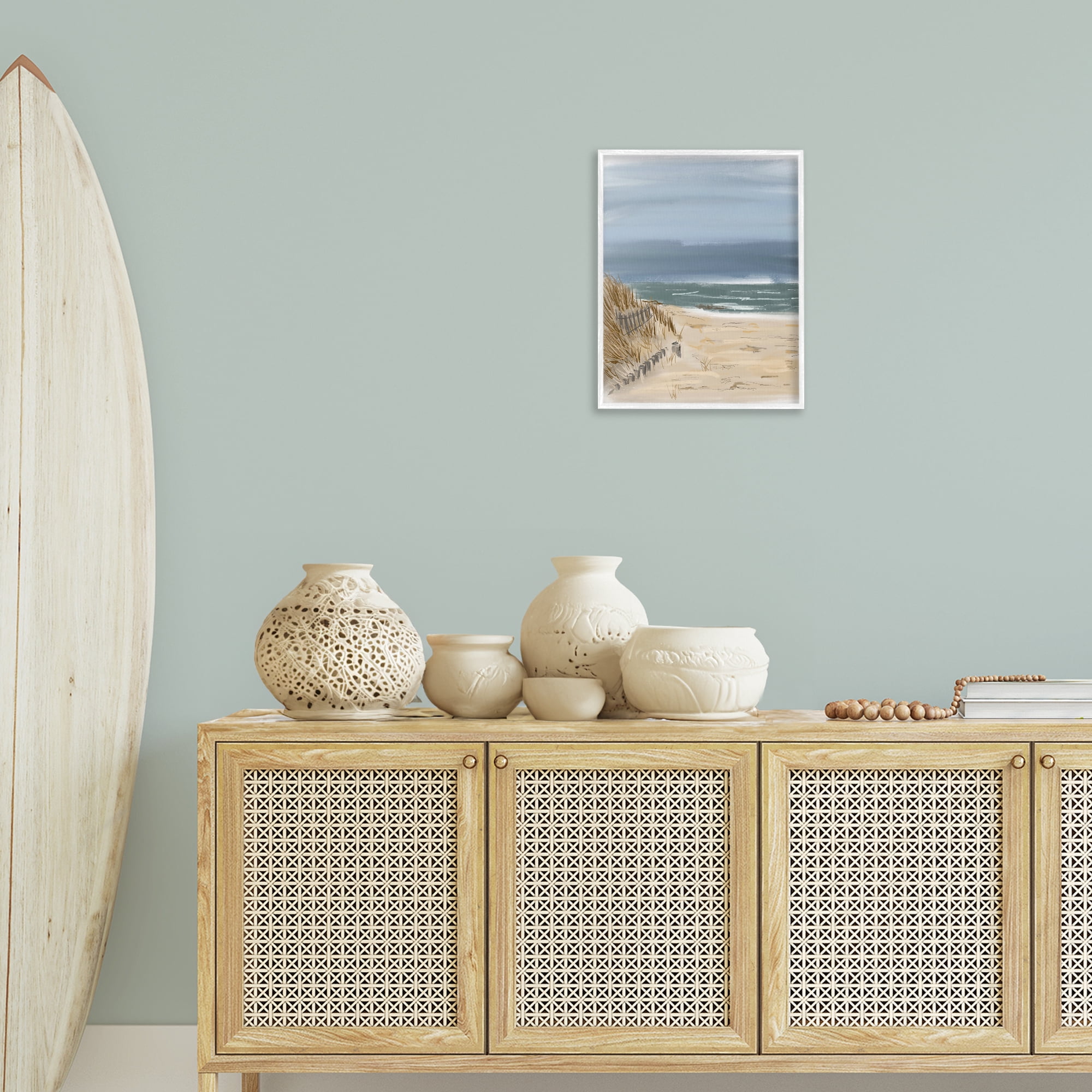 Stupell Industries Serene Beach Fence Landscape Painting White Framed Art Print Wall Art, 16 x 20