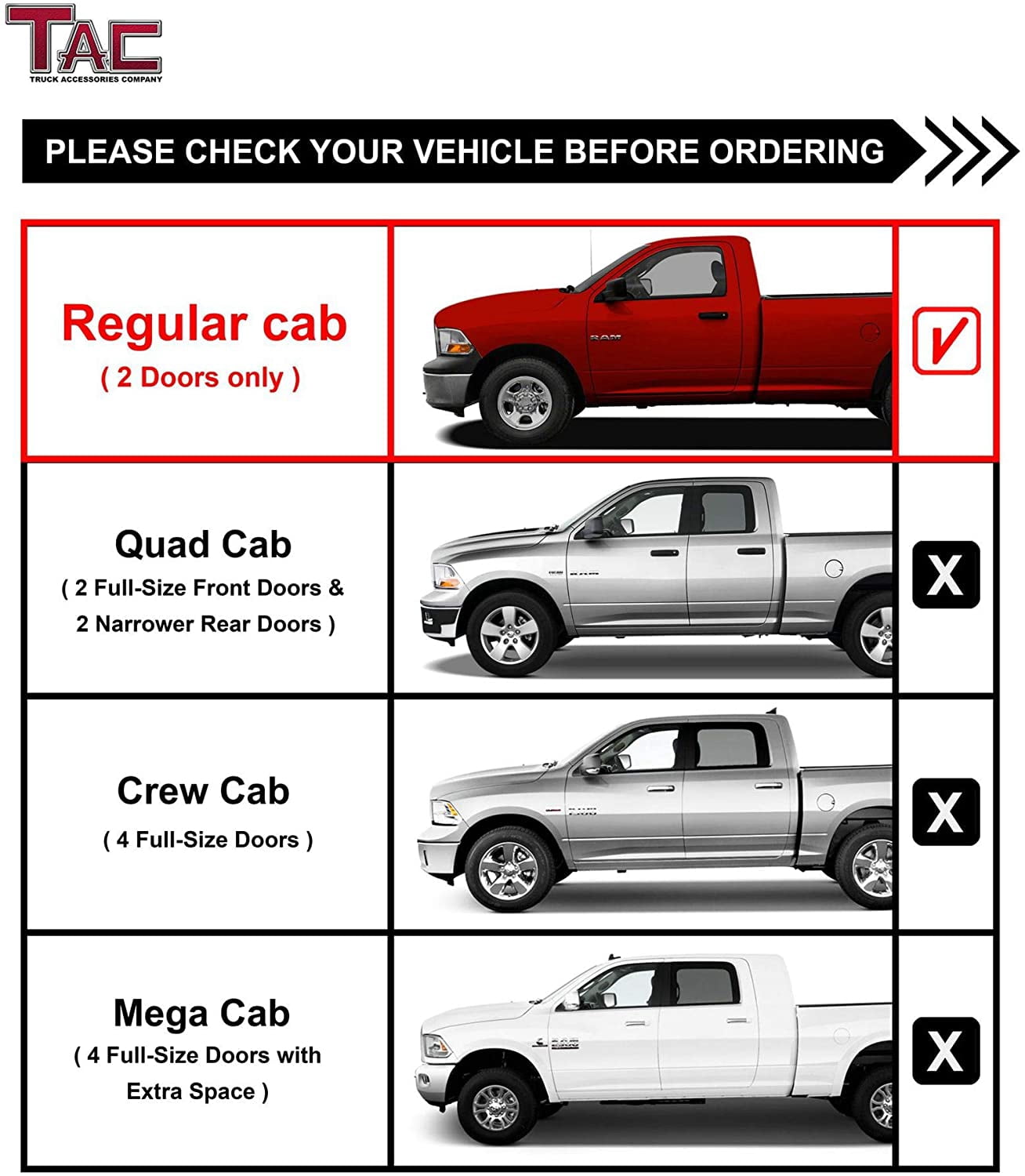 TAC Side Steps Fit 2009-2018 Ram 1500 Regular Cab|2010-2025 Ram 2500/3500/4500/5500 Regular Cab Truck Pickup 3” Texture Black Running Boards Nerf Bars 2pcs