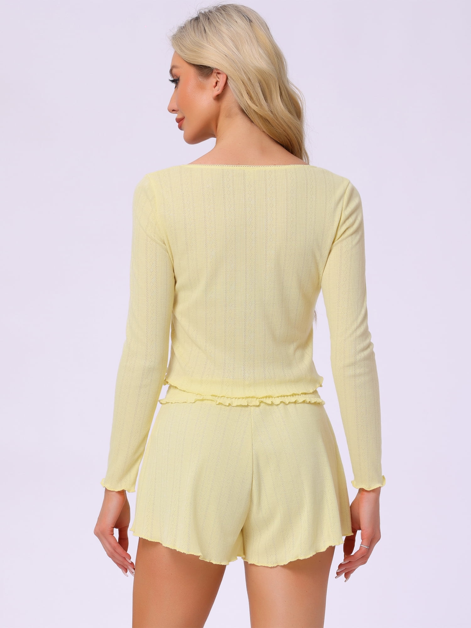 DARING DIVA Lounge Set Long Sleeve Pajamas Button 2 Pieces Shirts XS Yellow