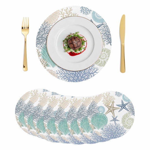 Marine Life Round 15 Inch Placemats Set of 8, Summer Coastal Nautical Coral Conch Seashells HeatResistant Non Slip Place Mats for Dining Table, Wipeable Braided Kitchen Table Mats for Housewarming