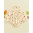 thumbnail image 4 of Hirigin Newborn Baby Girl Halloween Outfit 3 6 12 18 Months Pumpkin Print Sleeveless Cotton Linen Romper Smocked Bodysuit Headband Set, 4 of 8