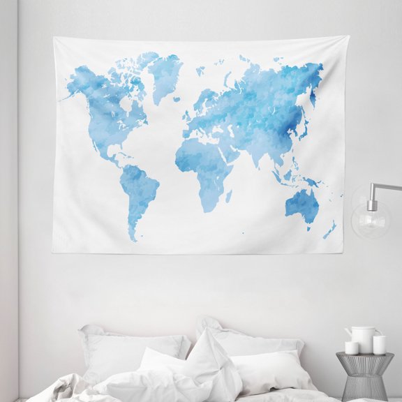 Map Tapestry, Blue Watercolor Style World Map Artistic Pastel Colored Display of Continents, Wall Hanging for Bedroom Living Room Dorm Decor, 80W X 60L Inches, Pale Blue White, by Ambesonne
