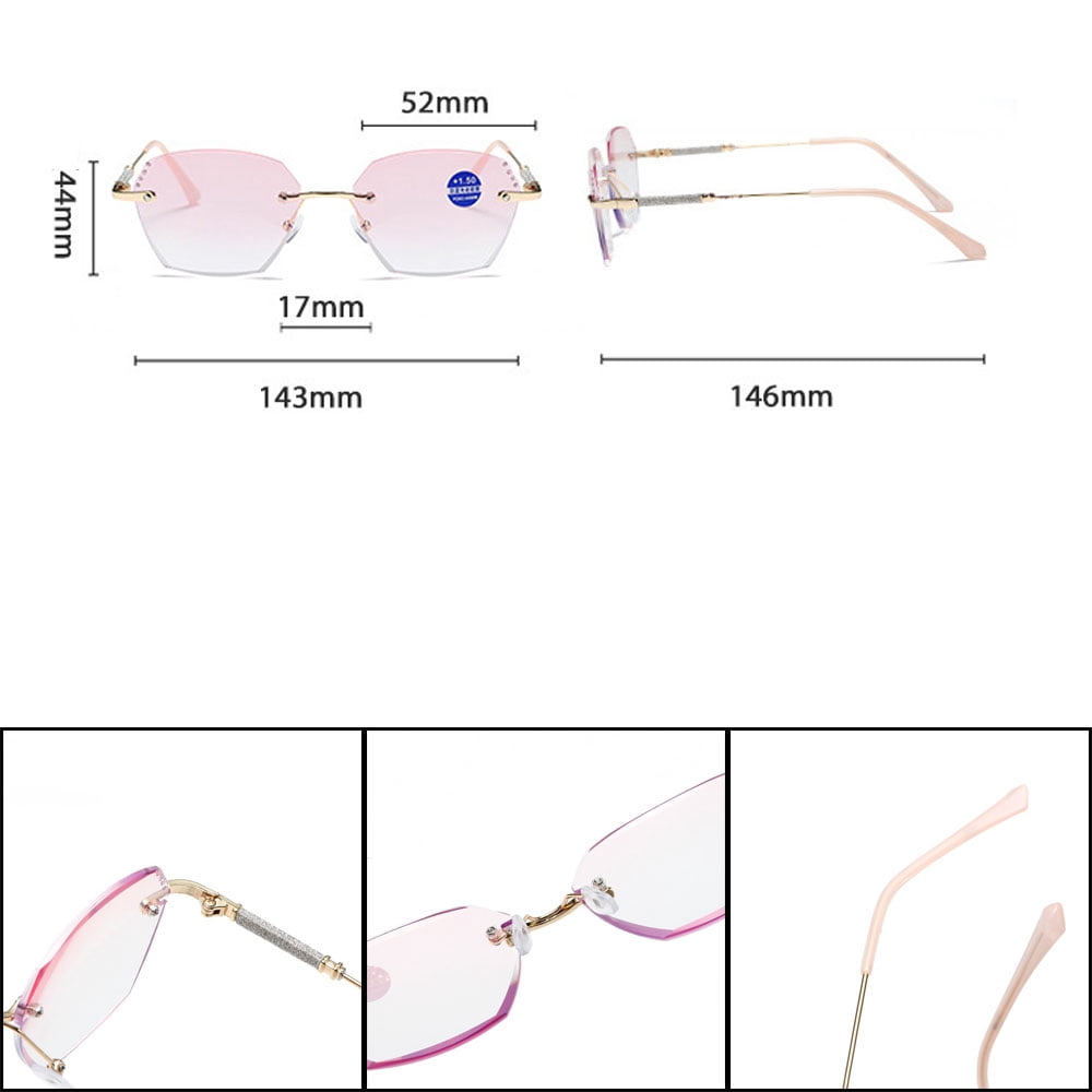 2 Pairs of New Rimless Diamond Trimming Gold Anti-Blue Light Reading Glasses Fashion Metal Gradient Pink Sunglasses Readers +1.00
