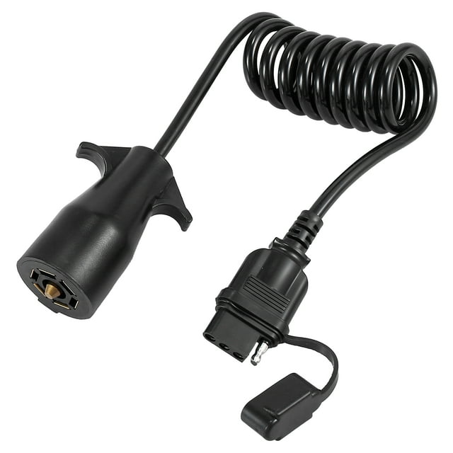 4.5ft 7 Way Round to 4 Way Pin Flat Trailer Coiled Wiring Connector Adapter Plug Black
