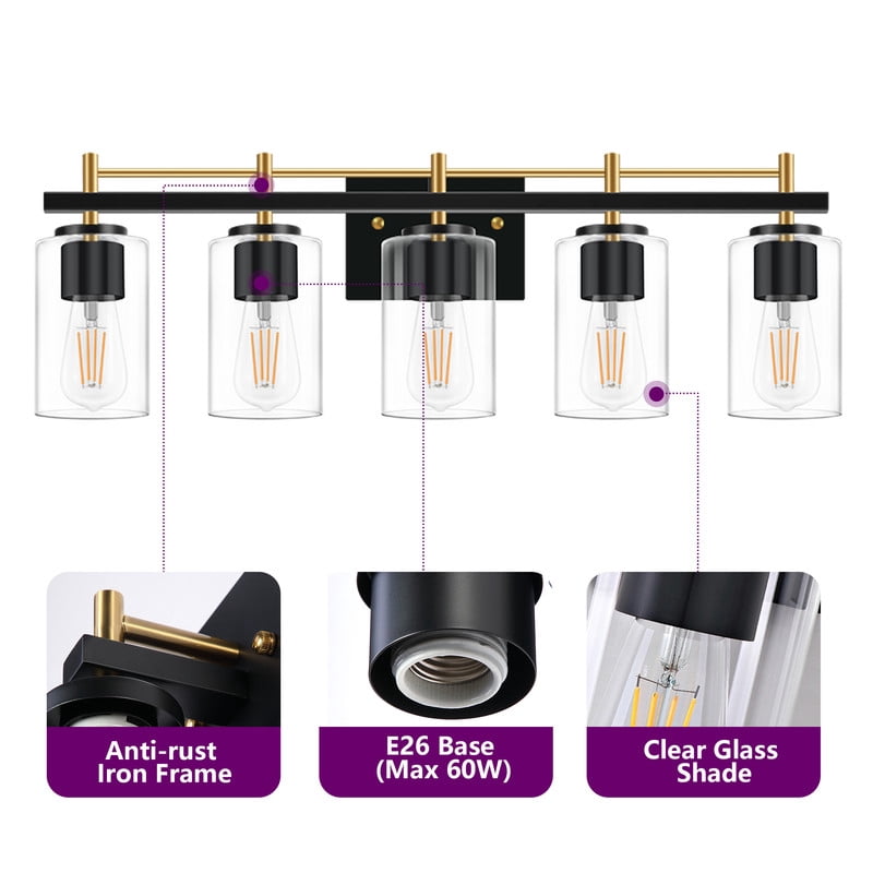 GCGAFUL Bathroom Vanity Light, 30.5 in. 5-Light Matte Black & Gold Modern Wall Sconce with Clear Glass Shade