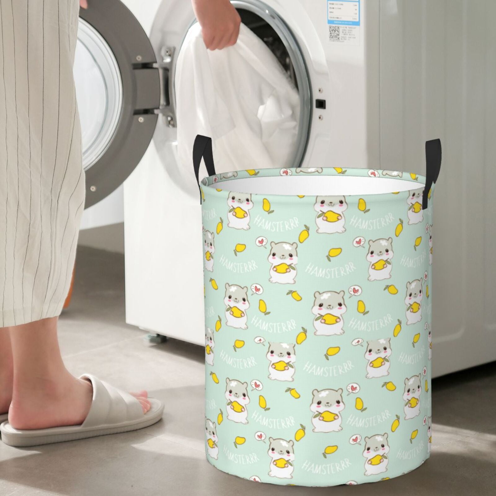 Large Laundry Basket with Handles - Cartoon Cute Hamster Mango Green Kids Baby Dirty Clothes Laundry Hamper for Bedroom Aesthetic