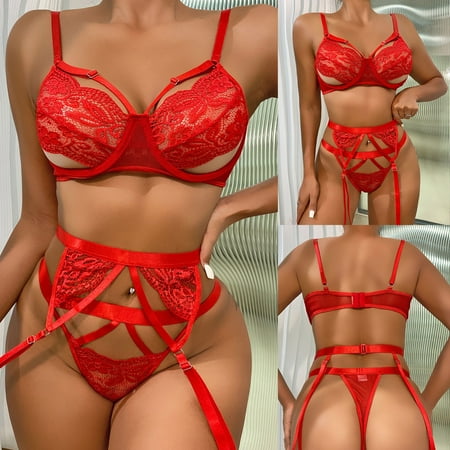 

B91xZ Lingerie For Women Womens Floral Lace Underwire Lingerie Set Bustier Bra And Panty Set Womens Lingerie Dress up Red L