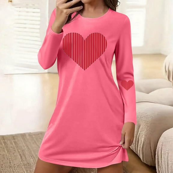 Aobny Women Sexy Nightgown Valentine's Heart Short Sleep Shirt Long Sleeve Hot Pink Womens Winter Pajama Sets,S