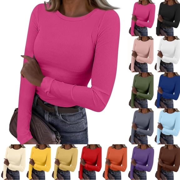 Stretch Long Sleeve Top Womens Ribbed Basic Soft Crewneck Shirt for Work Casual Hot Pink M