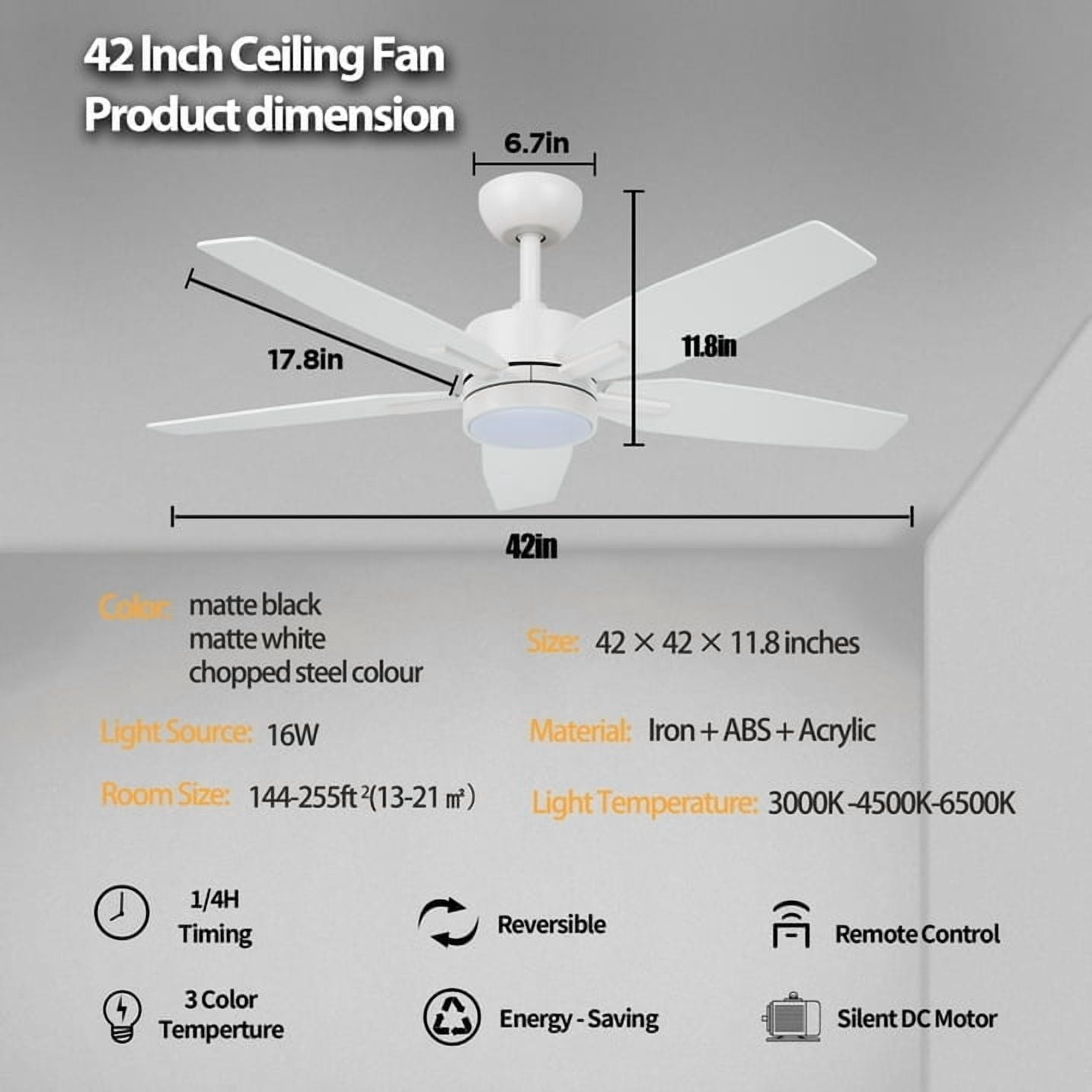 Vagizm 42 Inch Ceiling Fan with Light - 5 Blades Modern Ceiling Fan for Living Room and Bedroom - Quiet DC Motor - 3CCT - 6 Speeds - Dimmable - Reversible Function - White