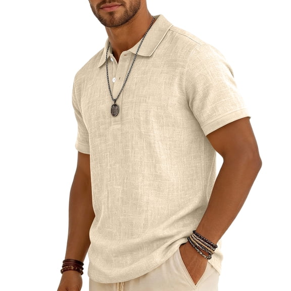 Resicozy Mens Polo Shirts Casual Short Sleeve Athletic T-Shirts Classic Linen Collar Shirt Summer Solid Color Tops Khaki M