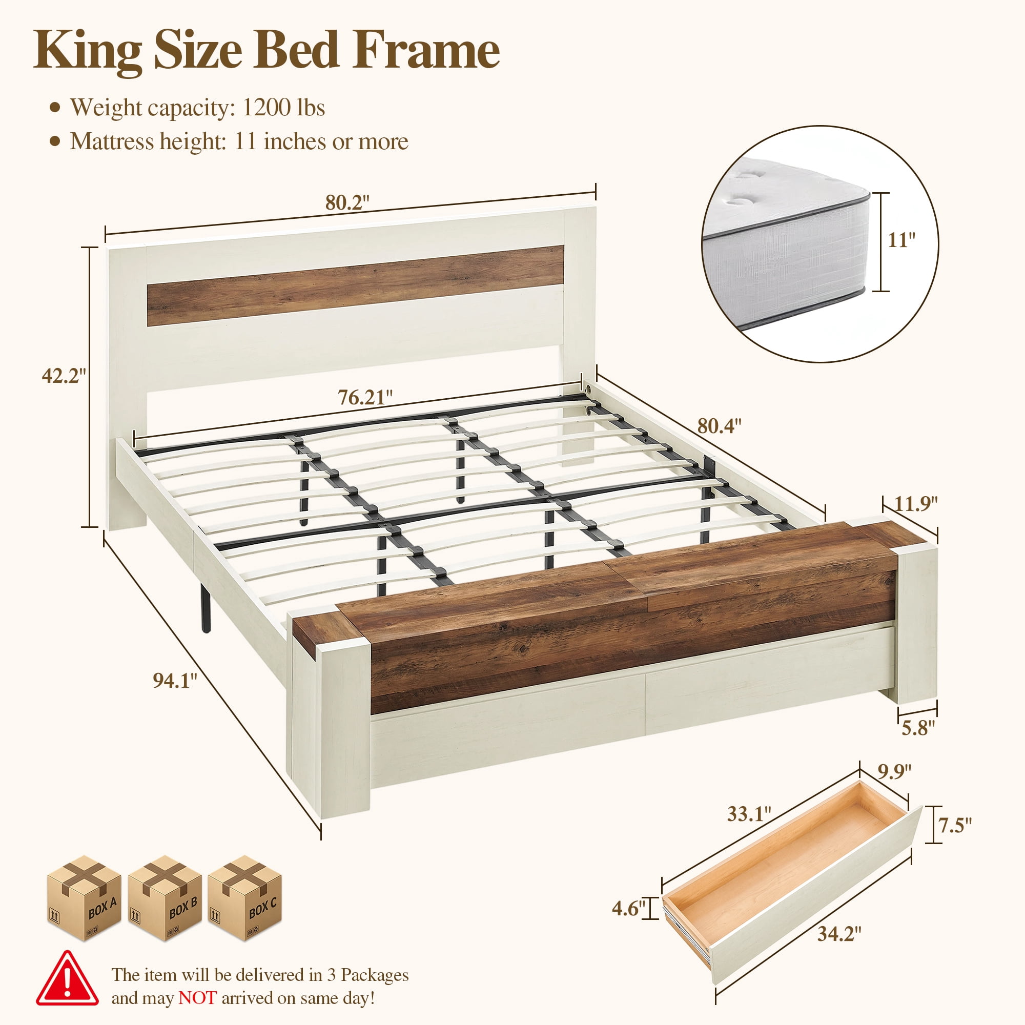 KeyWhat Modern King Size Storage Bed Frame with Panel Headboard, Footboard Storage Bench, Built-In Drawers, Lift-Up Compartments, No Box Spring Needed, Antique White