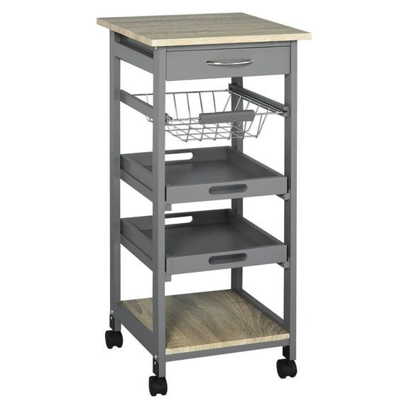 Rolling Kitchen Cart with Pull-Out Tray & Basket, Kitchen Island on Wheels, Gray - Small Space Storage, Rolling Island Cart for Kitchen, Coffee Cart