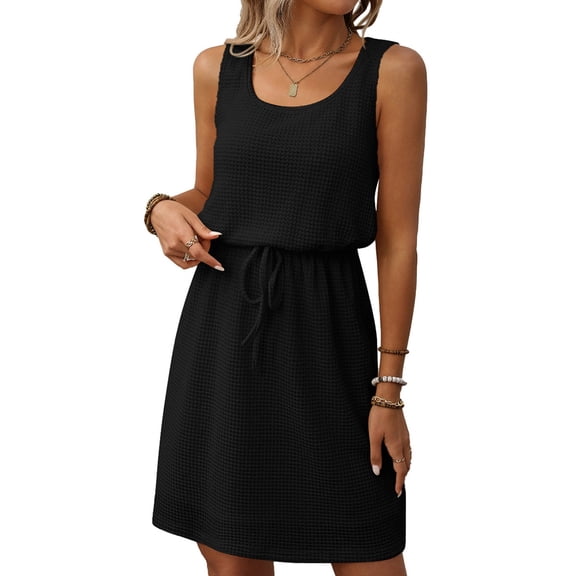Women'S Waffle Knit Belted Tank High Waisted Dresses Square Neck Sleeveless Summer Short Dress Black L