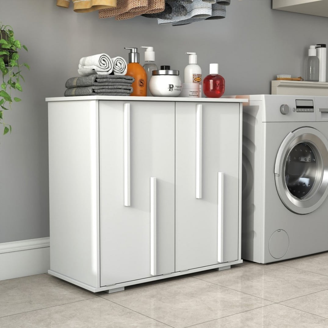Laundry Cabinet with 2 Removable Liner Bags, Double Laundry Hamper with Sorting Compartments, Fluted Doors, Freestanding Laundry Storage Cabinet, White