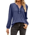 thumbnail image 3 of Hibeli Women Button Up Ruffle Trim V Neck Puff Long Sleeve Solid Color Tops, 3 of 7