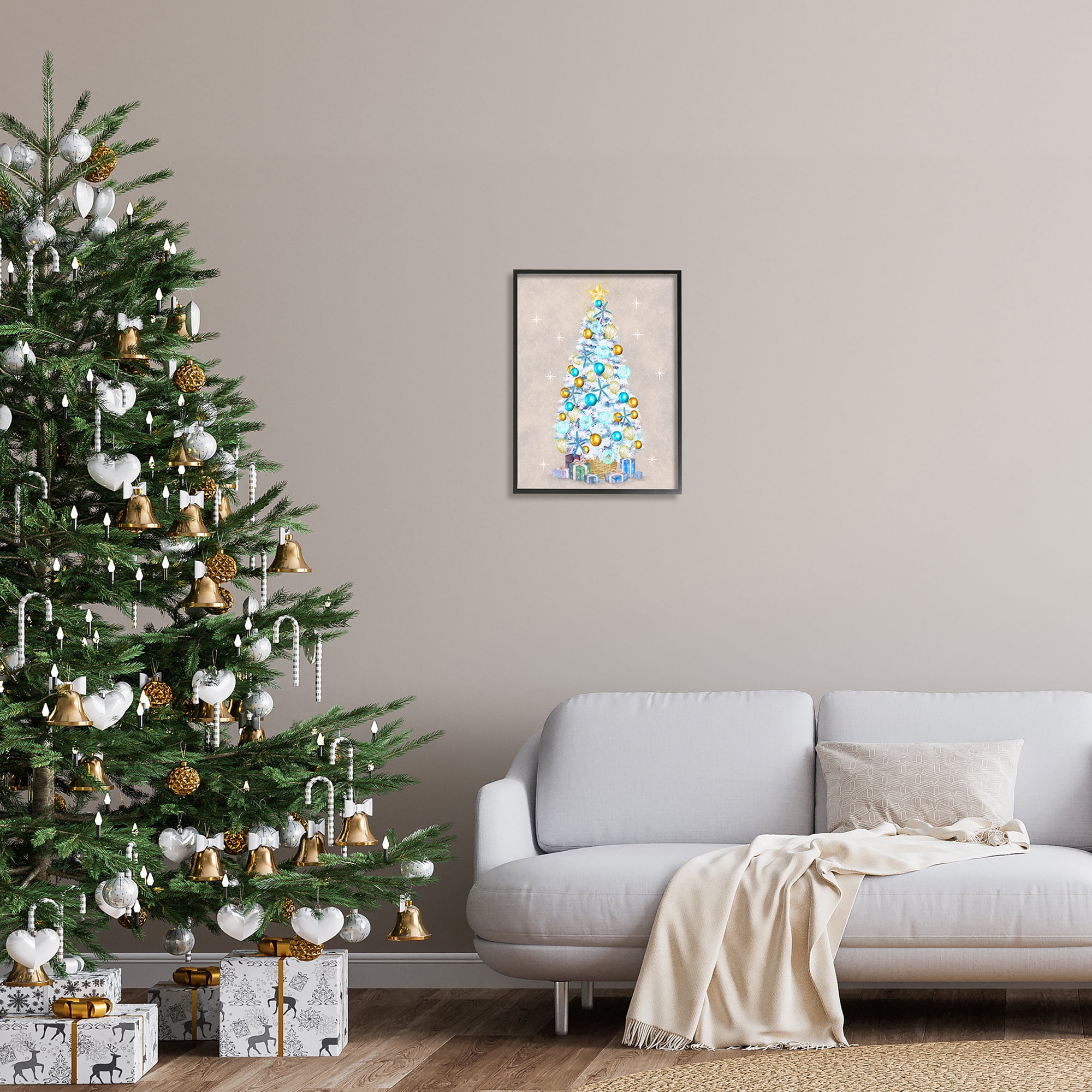 White Decorated Christmas Tree Holiday Gifts Ornaments Botanical & Floral Painting Framed Art Print Wall Art