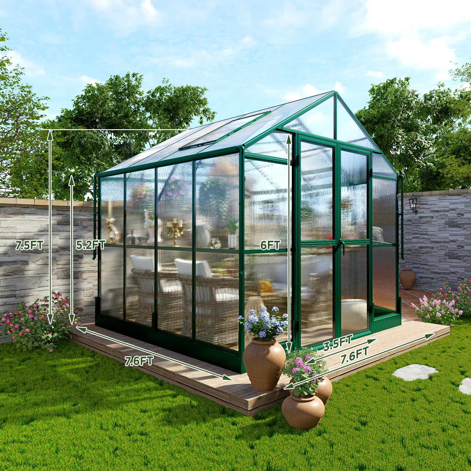 Jocisland 8x8x7.5 ft Outdoor Aluminum Polycarbonate Walk in Greenhouse with Ventilation and Rain Gutter, Double Doors with Hook, for Outdoors(Green)