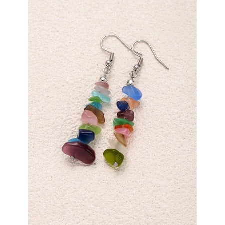 A Color Asymmetrical Multicolor Crushed Stone Dangle Earrings With Silvertone Stainless Steel Hooks