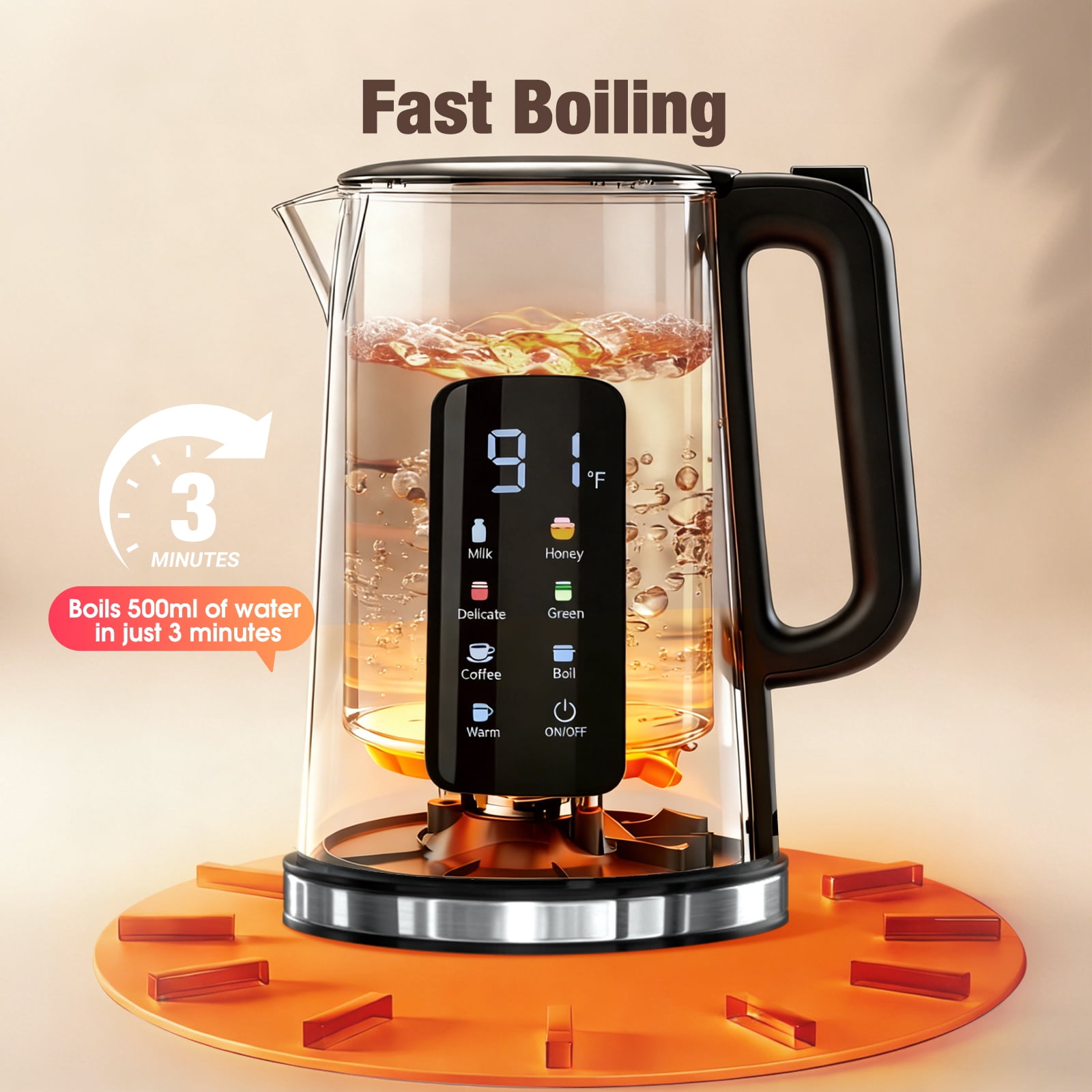 1.7L Electric Kettle, Touch Screen Water Boiler, No Plastic Interior, Double Wall, 6 Preset Temperatures, Fast Boil, and STRIX Control