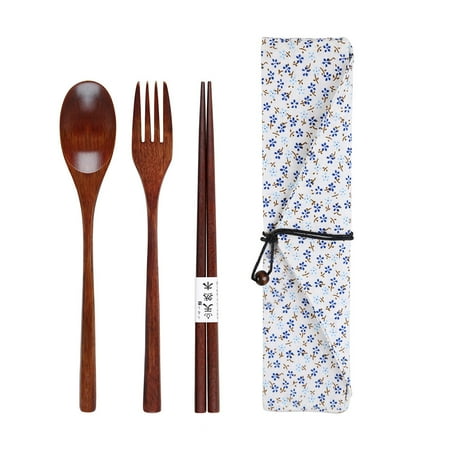 

Wooden Fork Spoon Three-piece Suit Japanese Korea Style Travel Portable Tableware Nice Dinnerware(No Entangled 3 Piece Set + Blue Small Flower Bag)