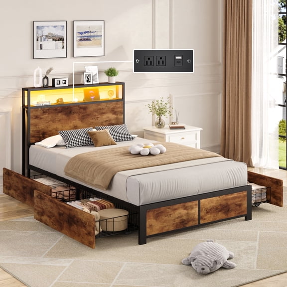 Bolvdo Twin Size Bed Frame with 2-Tier Bookcase Headboard, Charging Station & LED Lights, 4 Storage Drawers, Heavy-Duty Metal Support, Noise-Free, No Box Spring Needed, Brown