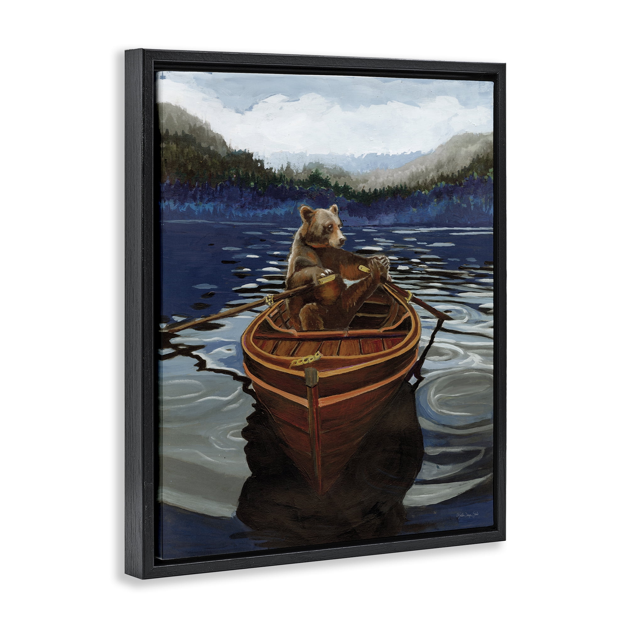 Stupell Industries Brown Bear on Row Boat Animals Painting Black Floater Framed Canvas Art Print Wall Art, 17 x 21