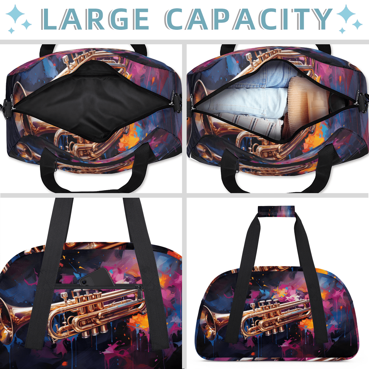 Herdesigns Trumpet Sports Duffle Bag for Women & Men, Music Theme Gym Bag Dance Bag Overnight Bag Carry On Weekender Travel Bag