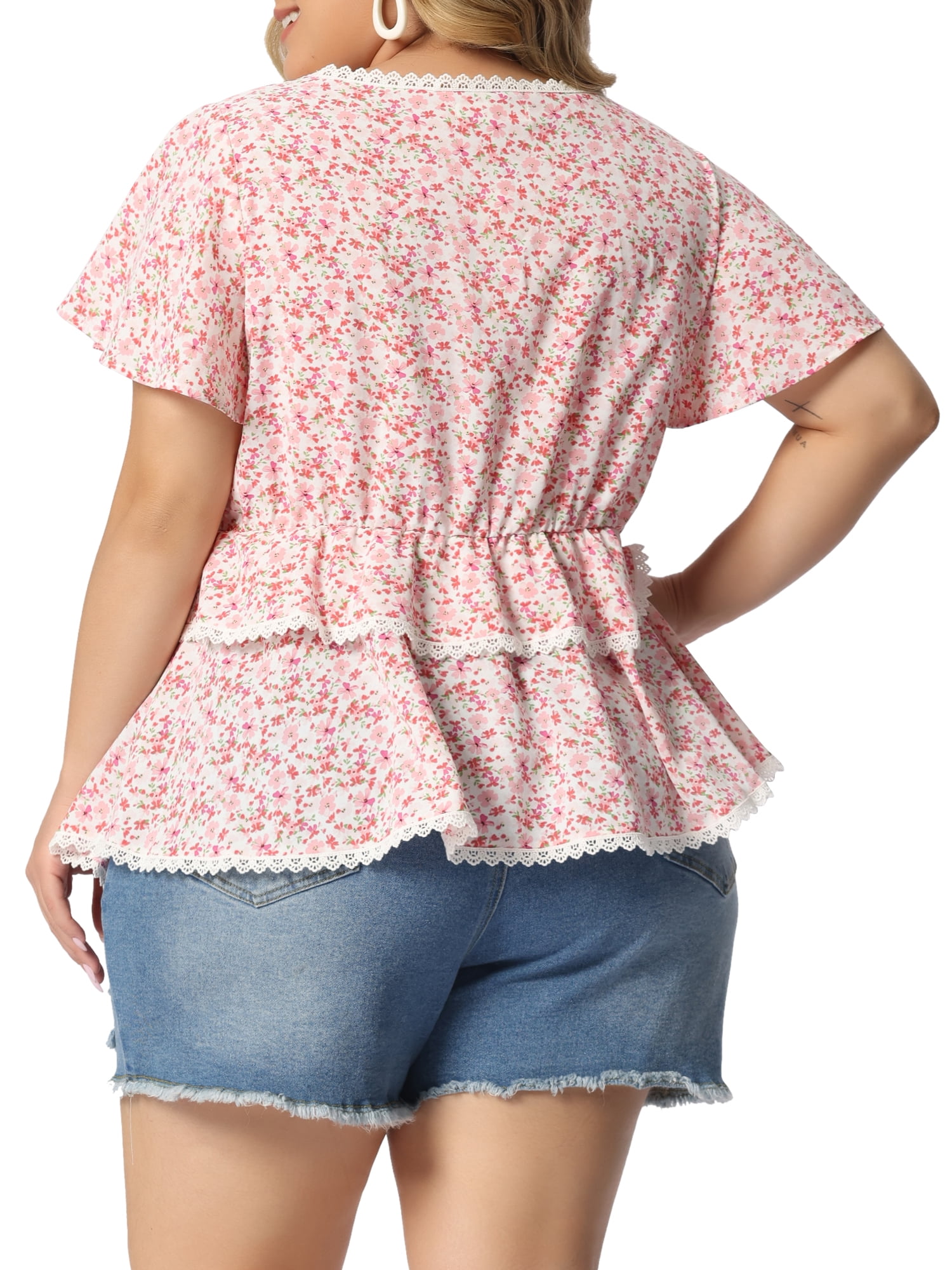 Unique Bargains Women's Plus Size Tiered Blouse Floral Babydoll Sweetheart Ruffle Top
