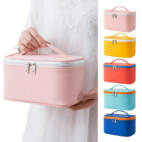 SPRING PARK Travel Make-up Organizer Bag for Women, Faux Leather Cosmetic Toiletry Storage Case, Carry Handle, Portable Waterproof Box