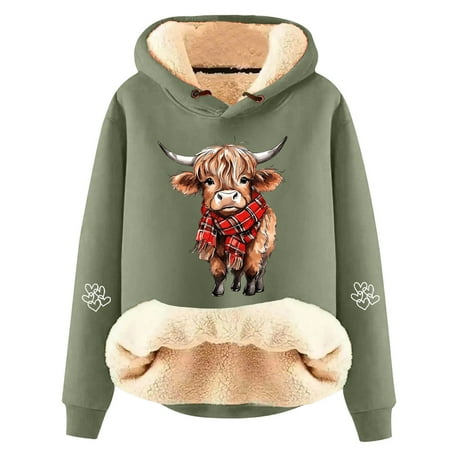 Tiweut Women s Leisure Hoodies Christmas Hoodies Santa Highland Cattle Print Loose Long Sleeve Pullover Adorable Lined Soft Warm Sweatshirt Comfort Regular Tops Light Green L