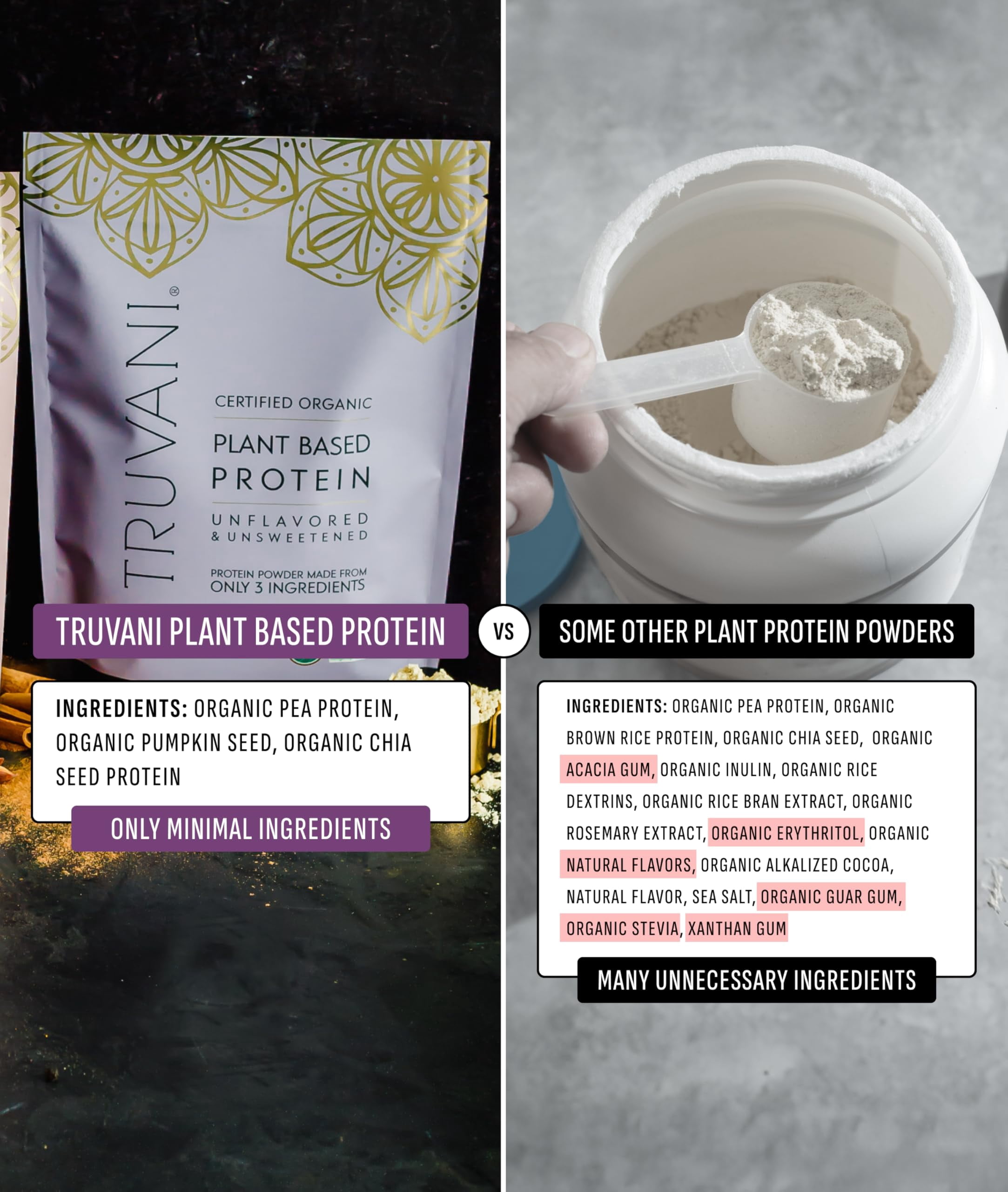 Truvani Vegan Plant Based Pea Protein Powder | Organic | Unflavored | 20 Servings | Gluten & Dairy Free