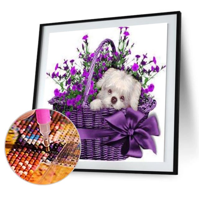 Cuadros Decorativos Kits de pintura de diamantes 5D DIY, cesta de flores, perro, taladro redondo completo, decoración de pared, arte DQrwqpou Nuevos Originales