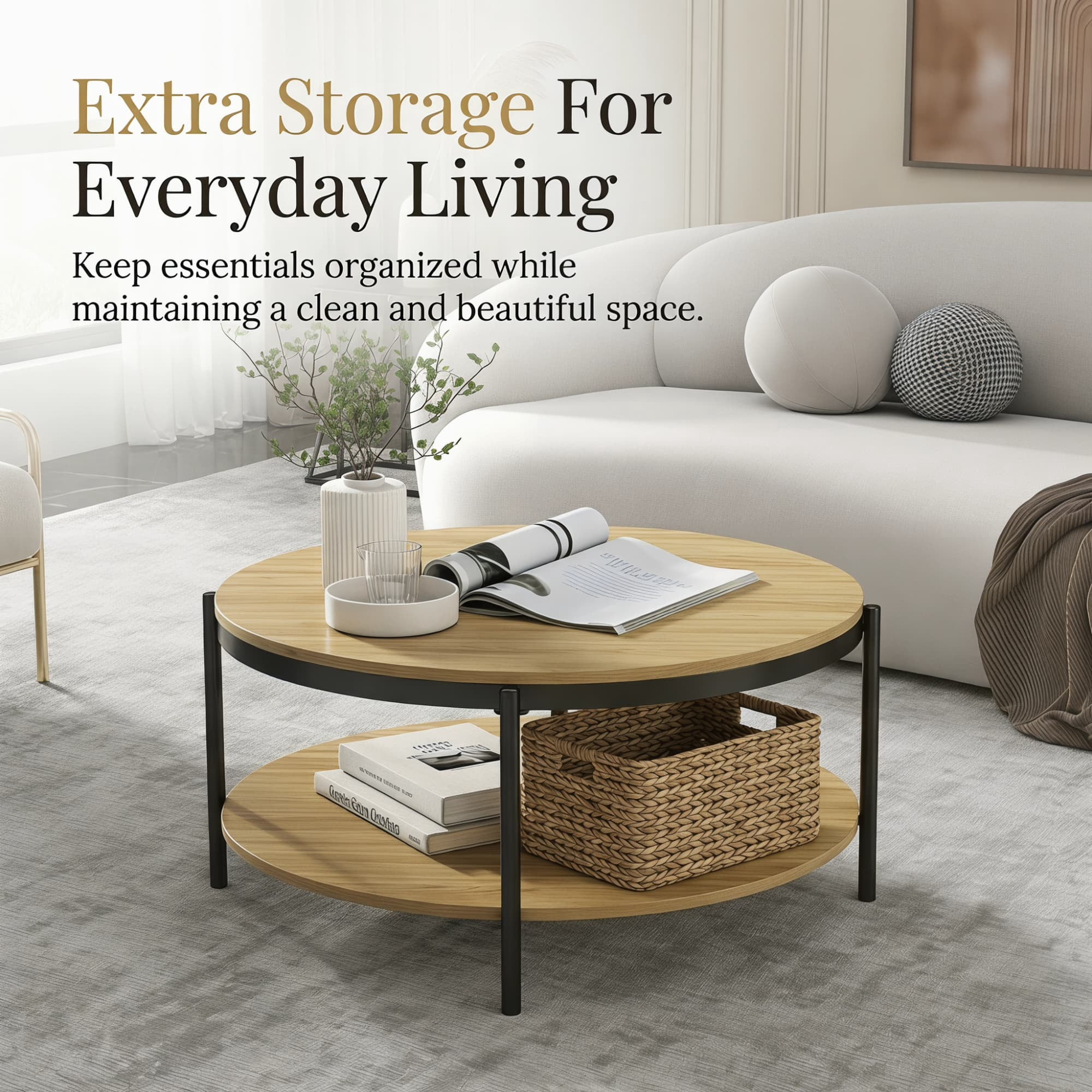 Manxile Round Coffee Table with Storage Shelf, Wooden Circle Center Table for Living Room Home Office, Natural