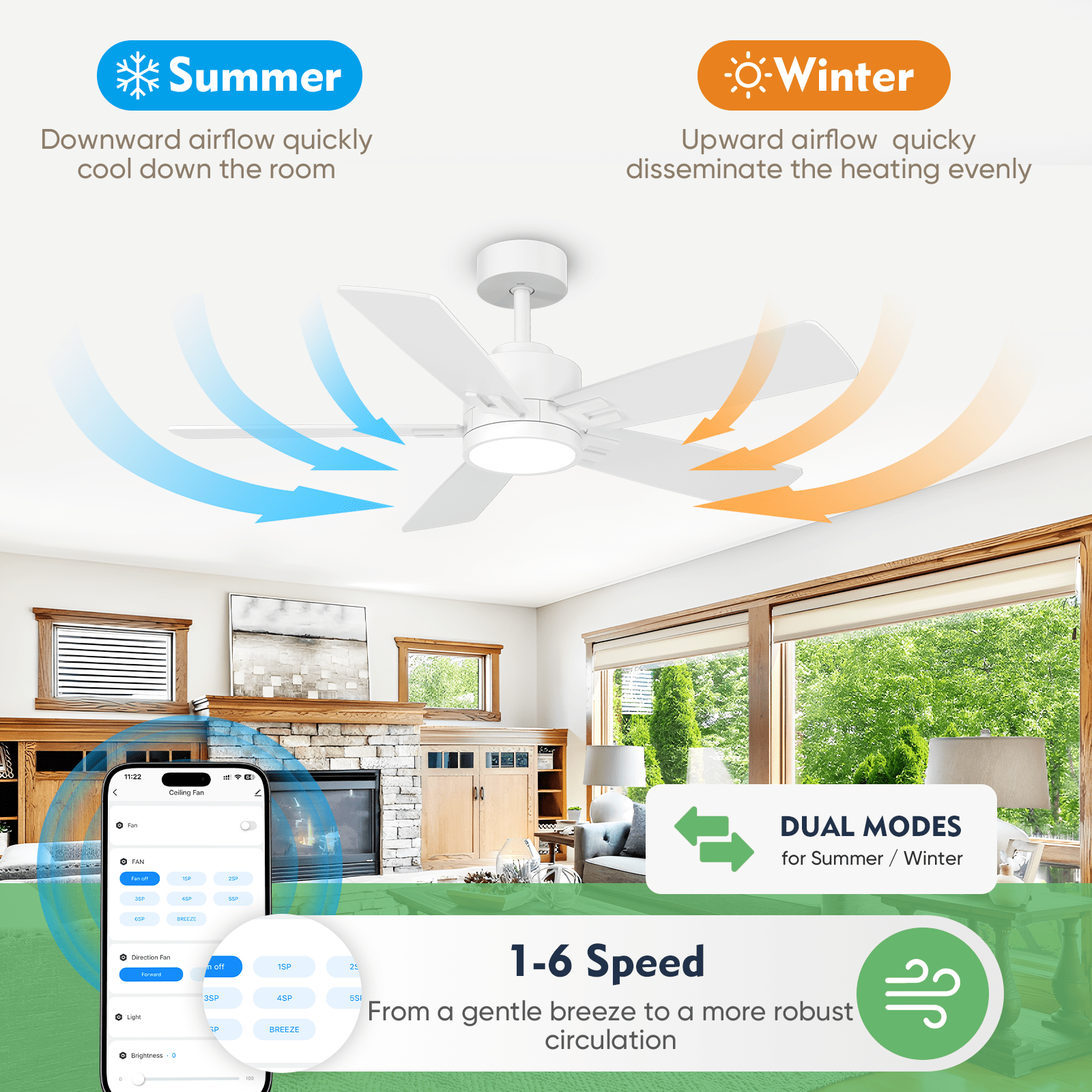 52 inch White Ceiling Fan with Light, Works with Alexa & App, Quiet Reversible DC Motor for Indoor Outdoor, 4-in-1 Modern Style with 2 Sets of Reversible Blades