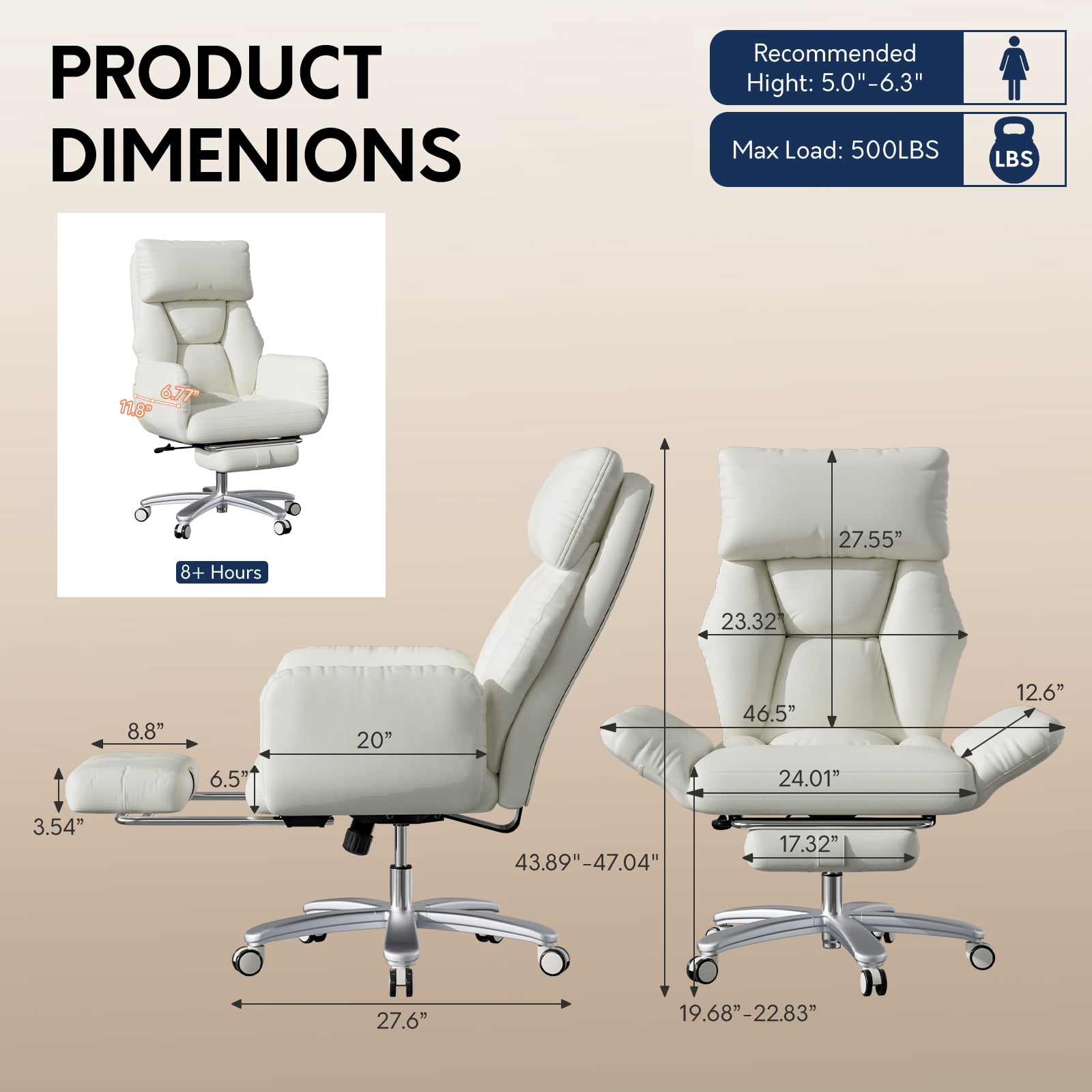 iooHug Criss Cross Office Chair, Big and Tall 500lbs High Back Faux Leather Desk Chair with Footrest, Wide Seat Cross-Legged Reclining Chair with Reversible Armrests and Lumbar Support, White