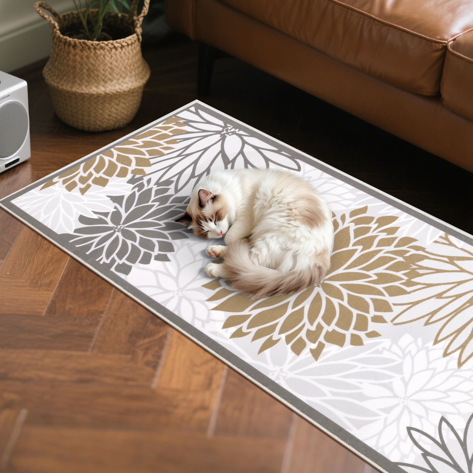 MeyJey 2'x6' Floral Runner Rug for Hallways, Oriental Non Slip Machine Washable Area Rugs Vintage Floor Carpet for Bedroom Kitchen Dinning/Living/Laundry Room, Brown/Gray