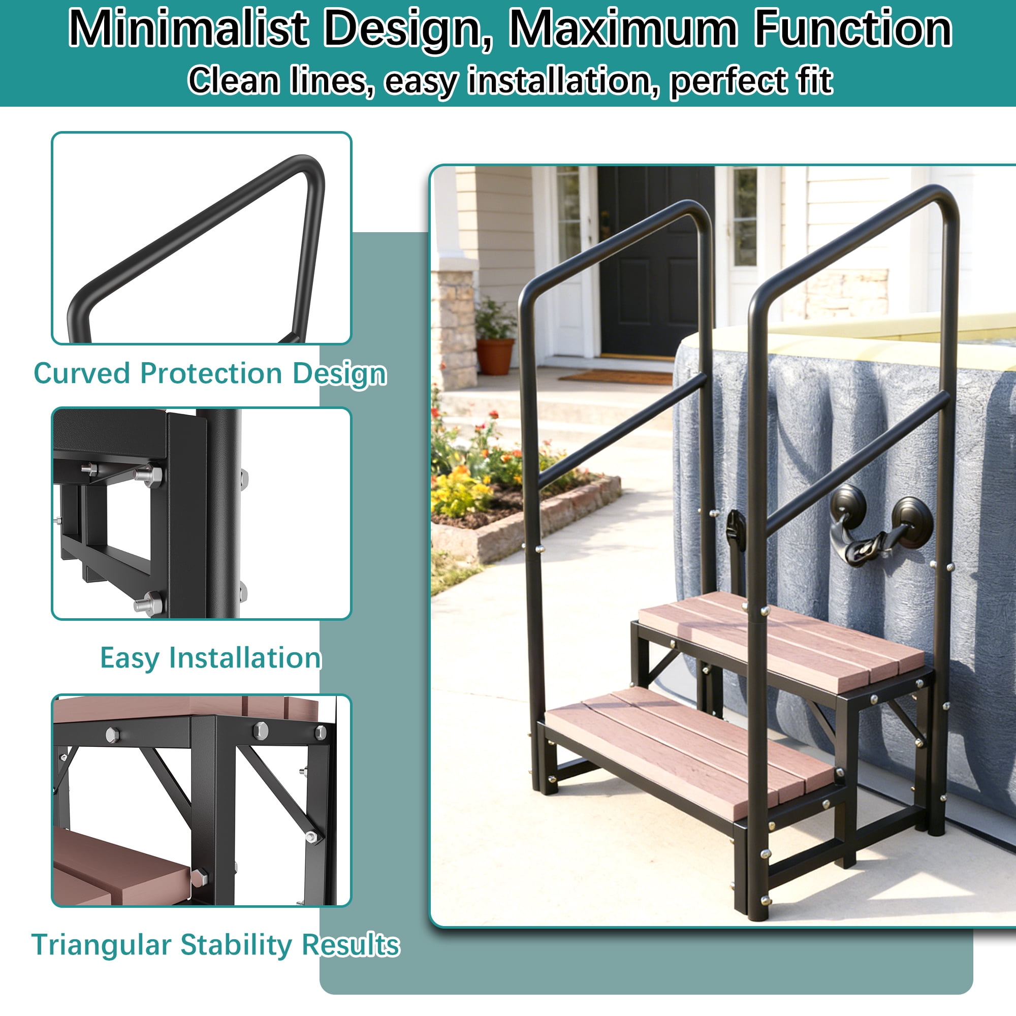 HOHYN 2-Step Hot Tub Stairs with Handrail, 33" Wide Heavy Duty Outdoor Spa Steps, 400 lbs Capacity Metal Frame Pool Steps for Inflatable Pool, Porch, Patio, Deck, RV