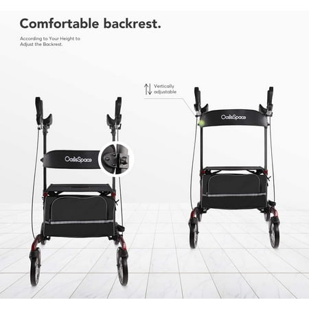 OasisSpace Heavy Duty Armrest Walker -Stand Up Rollator Walker with 22” Wide Seat with Adjustable Backrest and Pad Armrest for Senior Support Up to 450lbs (Maroon)