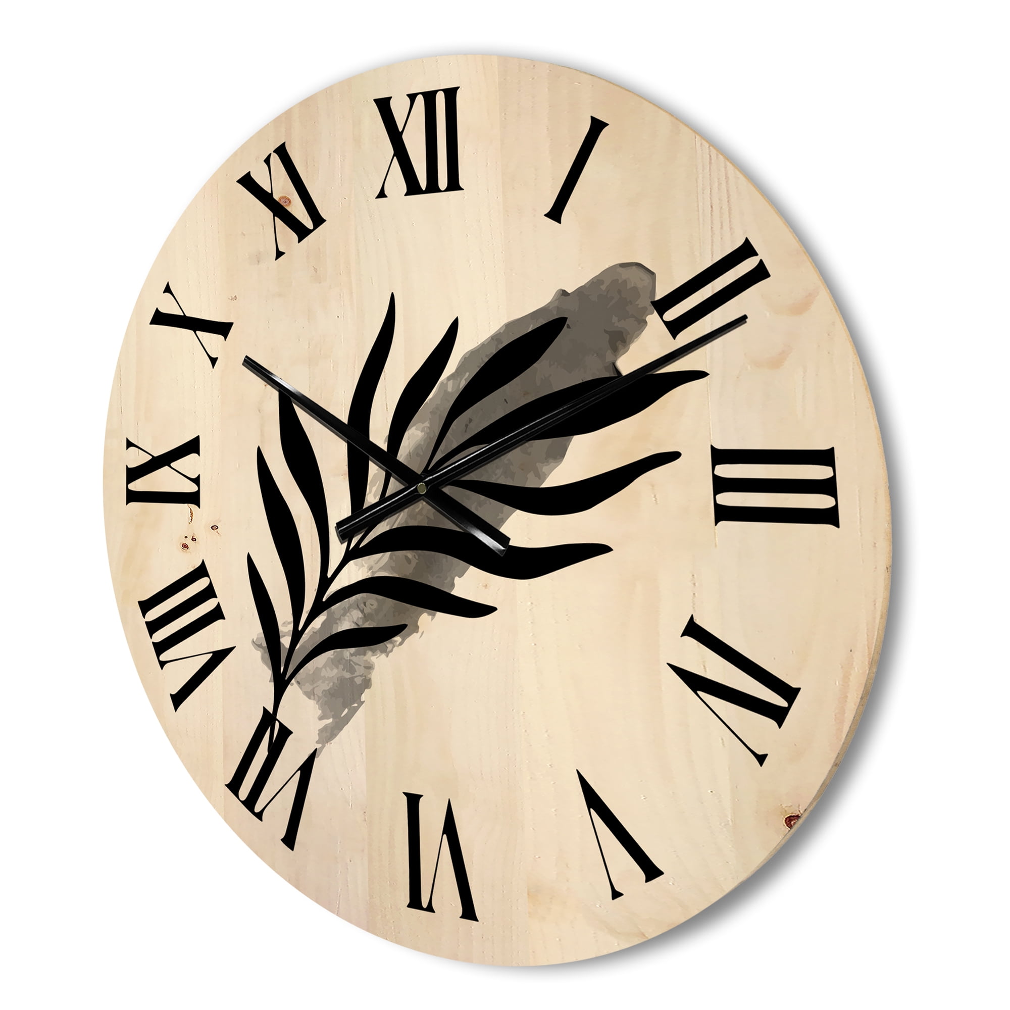 Designart 'Abstract Black Tropical Leaf I' Modern Wood Wall Clock