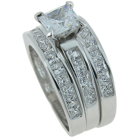 Plutus Sterling Silver Rhodium Finish CZ Princess Solitaire 3 Piece Ring Set