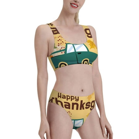 Uemuo Happy Thanksgiving Day Printed Women s High Waisted Bikini Sets Sporty Two Piece Swimsuits Color Block Cheeky High Cut Bathing Suits-Large
