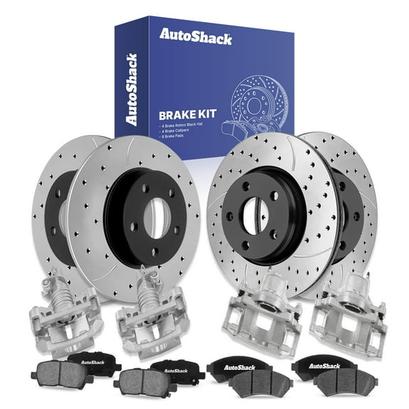 AutoShack Front Vented & Rear Solid Drilled & Slotted E-Coated Brake Rotors   Ceramic Pads   Calipers 16-PC Brake Kit Replacement for 2005-2009 Buick LaCrosse 2005-2008 Pontiac Grand Prix ShadowGuard
