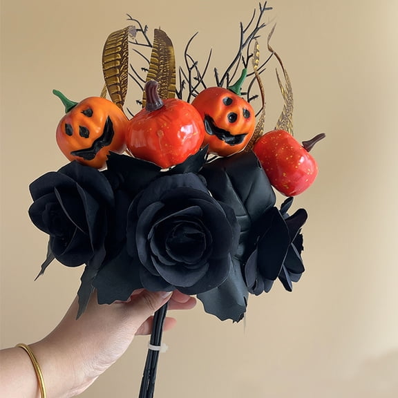 mdesiwst Halloween Flowers Bouquet Decorations, Black Artificial Flowers with Pumpkin Rose Eucalyptus Maple Leaf Floral Stems, Indoor Halloween Branches Decor for Table Room Home Indoor Party Vase