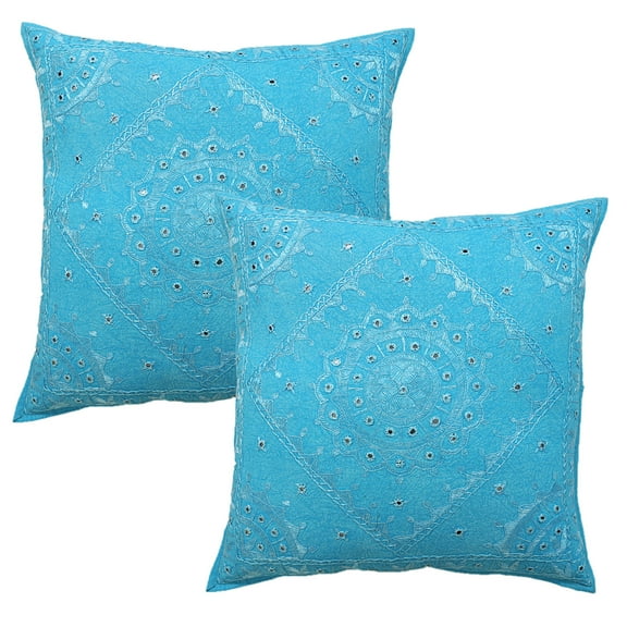 Stylo Culture Indian Settee Sofa Throw Pillow Covers 24 x 24 Big Hand Embroidered Turquoise Bohemian 60x60 cm Home Decor Cotton Mirrored Square Cushion Covers | Set Of 2